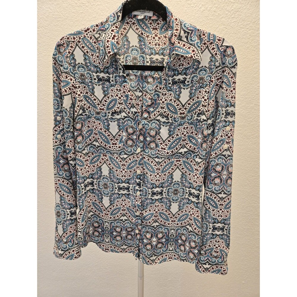 Express Portofino Shirt Small S Slim Fit Paisley Medallion Blouse Roll Tab - Picture 2 of 13